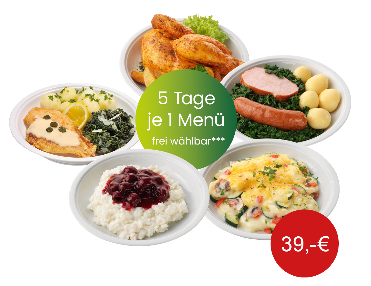 Probierangebot: 5 Gerichte von Gloria für 5 Tage – frei wählbar für 39 €. Abgebildet sind verschiedene Menüs wie Hähnchenkeule, Grünkohl mit Wurst, Fischfilet mit Spinat, Nudelauflauf und Milchreis mit Kirschen.
